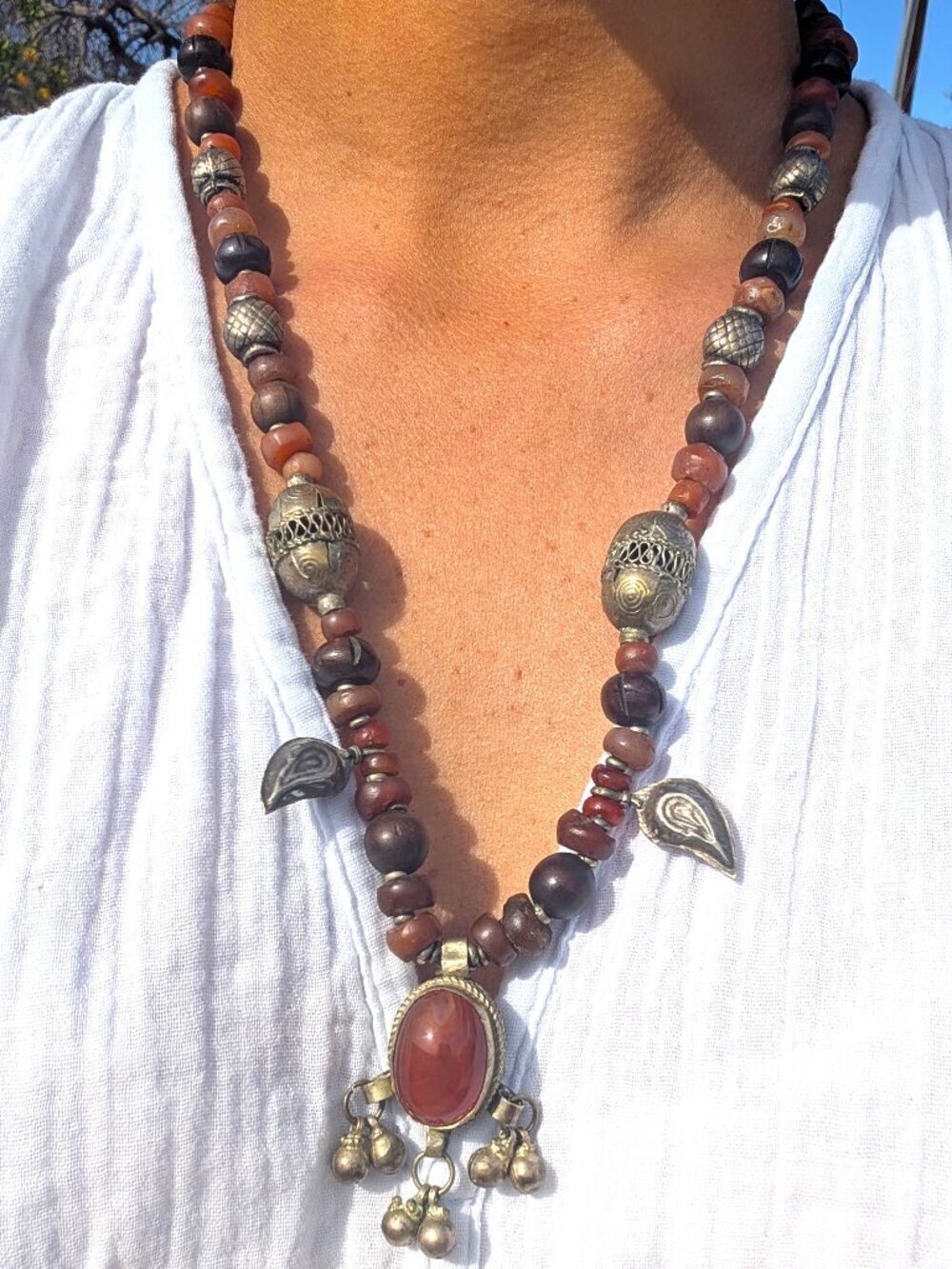 Antique Yemen Necklace Carnelian Pendant Silver Toned Filigree Dangles Bells